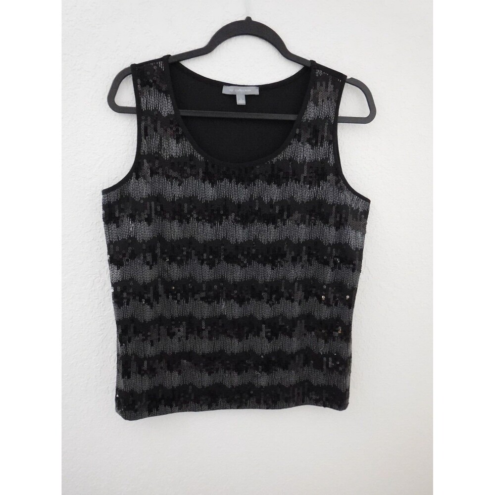 NY Collection Women's Top Sequined Striped Sleeveless Shell Tank Silver Black L